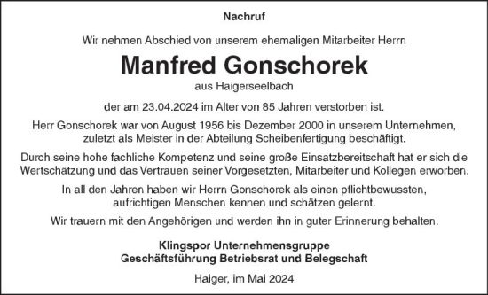 Traueranzeige von Manfred Gonschorek von Dill Block