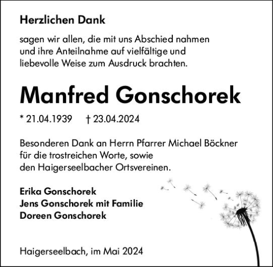 Traueranzeige von Manfred Gonschorek von Dill Block