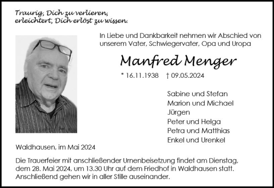 Traueranzeige von Manfred Menger von Weilburger Tageblatt