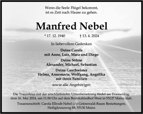 Traueranzeige von Manfred Nebel von Allgemeine Zeitung Mainz