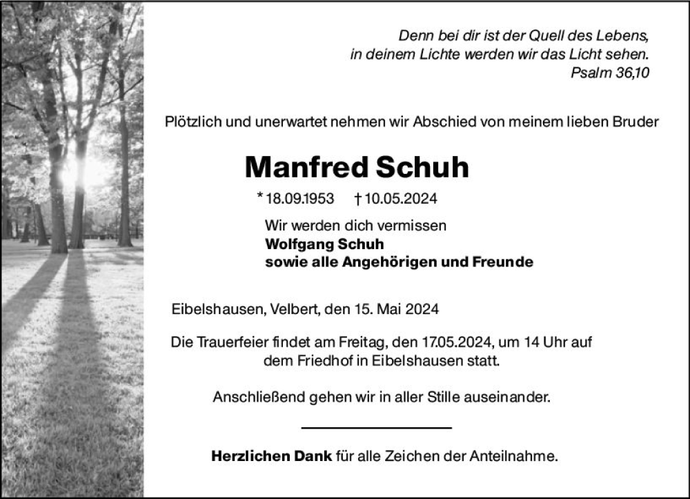  Traueranzeige für Manfred Schuh vom 15.05.2024 aus Dill Block