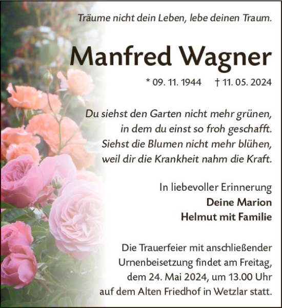 Traueranzeige von Manfred Wagner von Wetzlarer Neue Zeitung