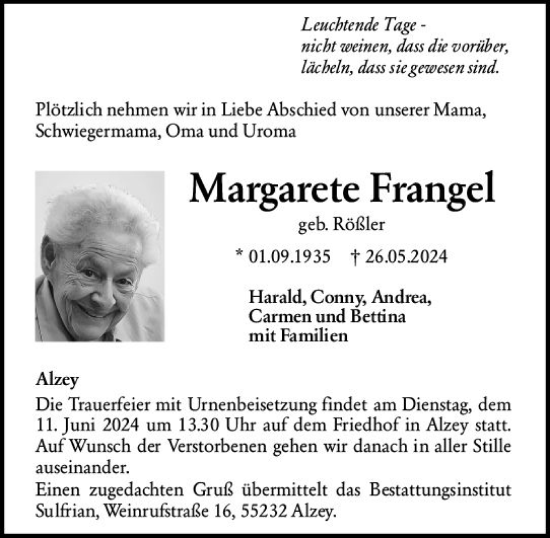 Traueranzeige von Margarete Frangel von Allgemeine Zeitung Alzey