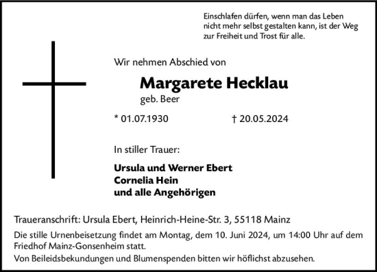 Traueranzeige von Margarete Hecklau von Allgemeine Zeitung Mainz