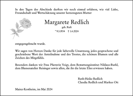 Traueranzeige von Margarete Redlich von Wiesbadener Kurier