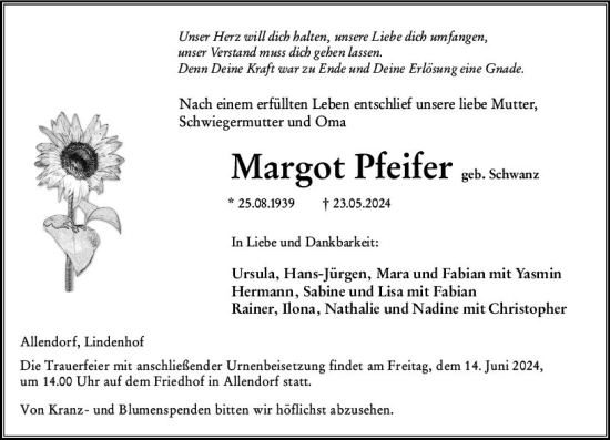 Traueranzeige von Margot Pfeifer von Weilburger Tageblatt