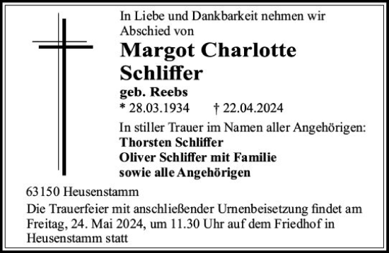 Traueranzeige von Margot Charlotte Schliffer von Weilburger Tageblatt