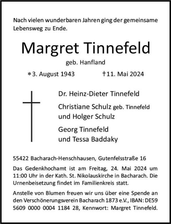 Traueranzeige von Margret Tinnefeld von Allgemeine Zeitung Bingen/Ingelheim