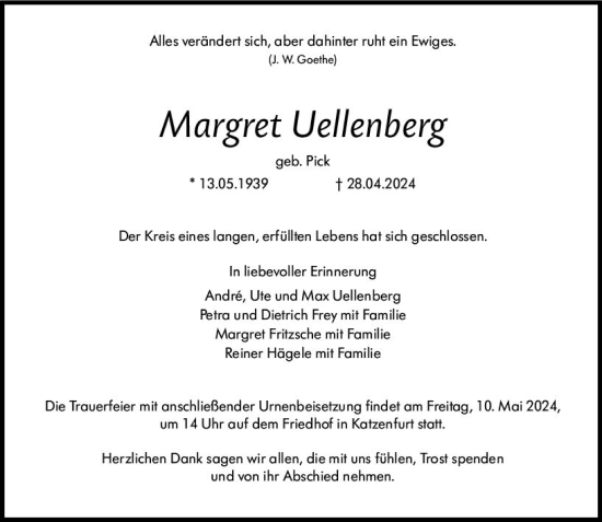 Traueranzeige von Margret Uellenberg von Wetzlarer Neue Zeitung