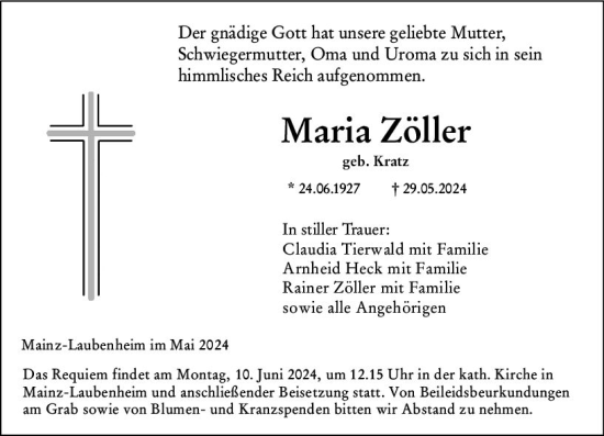Traueranzeige von Maria Zöller von Allgemeine Zeitung Mainz