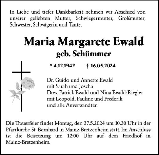 Traueranzeige von Maria Margarete Ewald von Allgemeine Zeitung Mainz