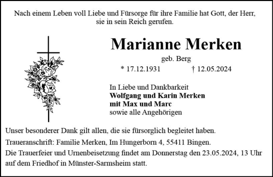 Traueranzeige von Marianne Merken von Allgemeine Zeitung Bingen/Ingelheim