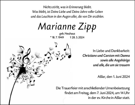 Traueranzeige von Marianne Zipp von Wetzlarer Neue Zeitung