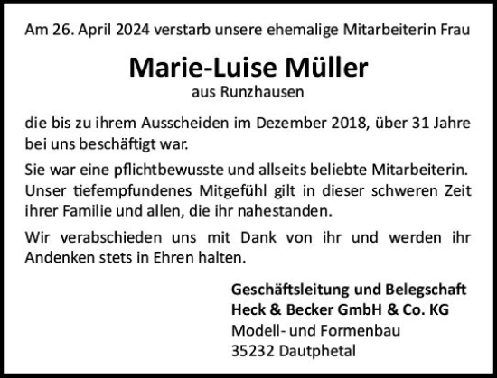 Traueranzeige von Marie-Luise Müller von Hinterländer Anzeiger