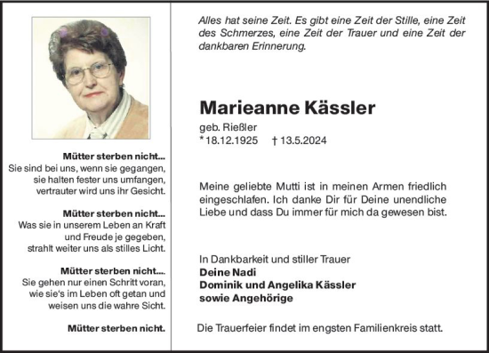 Traueranzeige von Marieanne Kässler von Hochheimer Zeitung