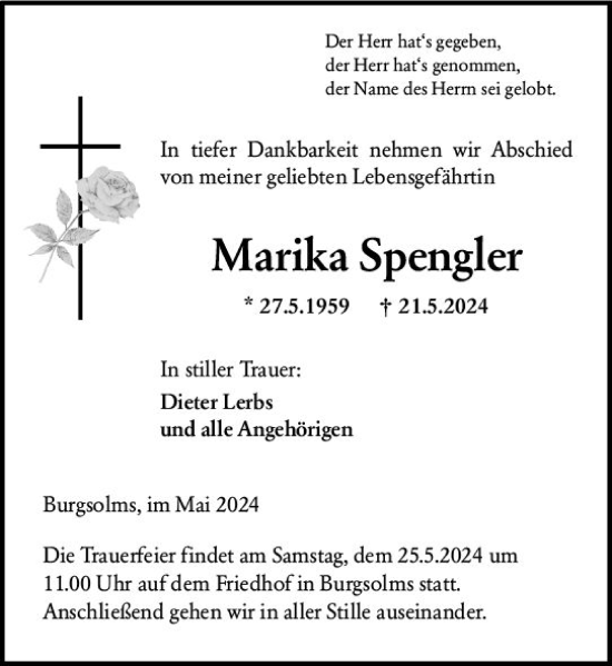 Traueranzeige von Marika Spengler von Wetzlarer Neue Zeitung