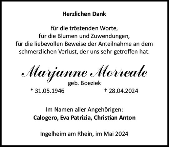 Traueranzeige von Marjanne Morreale von Allgemeine Zeitung Bingen/Ingelheim
