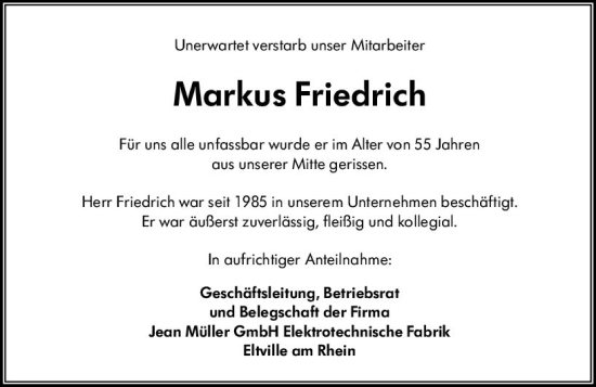 Traueranzeige von Markus Friedrich von Rheingau Kurier