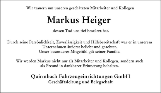 Traueranzeige von Markus Heiger von Weilburger Tageblatt