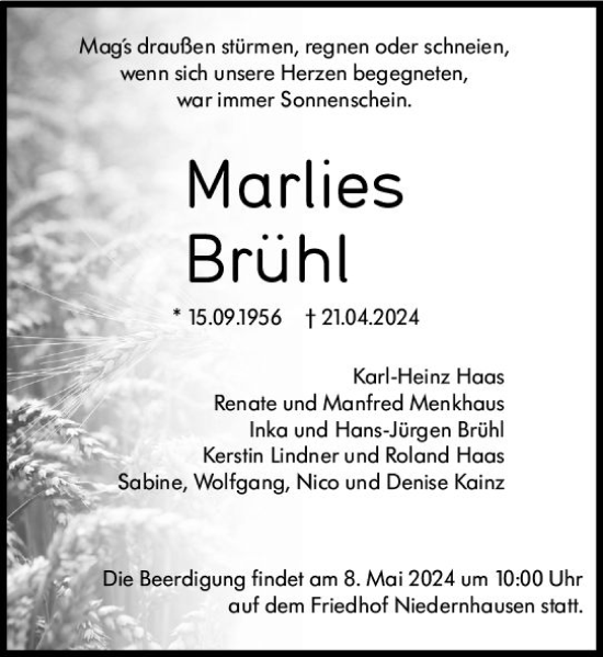 Traueranzeige von Marlies Brühl von Wiesbadener Kurier