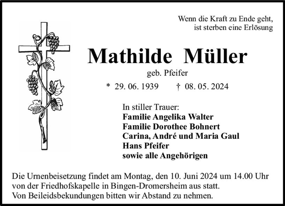  Traueranzeige für Mathilde Müller vom 25.05.2024 aus Binger-/Ingelheimer Wochenblatt