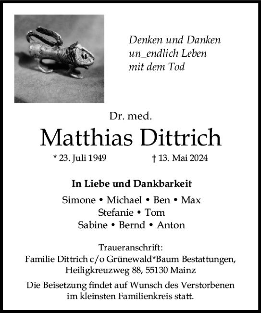  Traueranzeige für Matthias Dittrich vom 18.05.2024 aus Allgemeine Zeitung Mainz