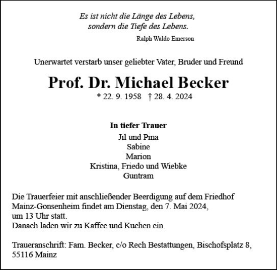 Traueranzeige von Michael Becker von Allgemeine Zeitung Mainz