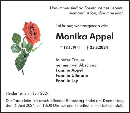 Traueranzeige von Monika Appel von Allgemeine Zeitung Bingen/Ingelheim