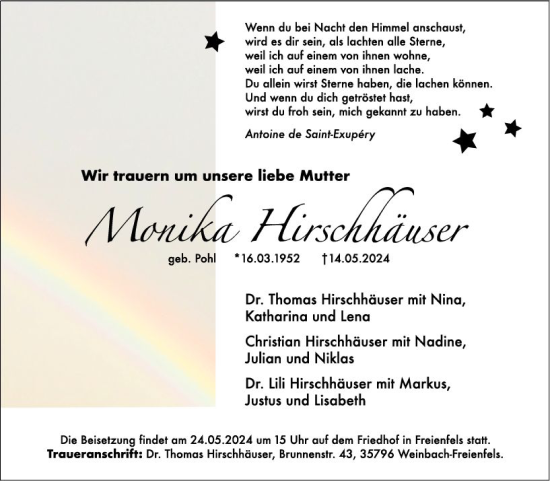 Traueranzeige von Monika Hirschhäuser von Weilburger Tageblatt