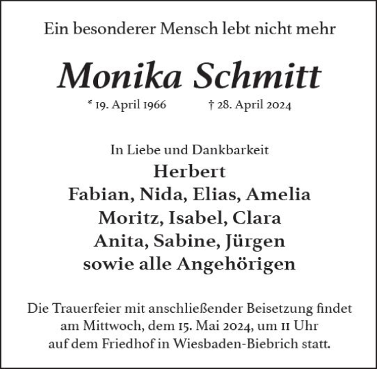 Traueranzeige von Monika Schmitt von Wiesbadener Kurier