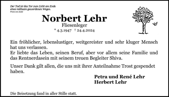 Traueranzeige von Norbert Lehr von Allgemeine Zeitung Mainz