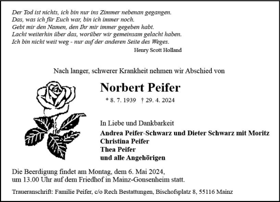 Traueranzeige von Norbert Peifer von Allgemeine Zeitung Mainz