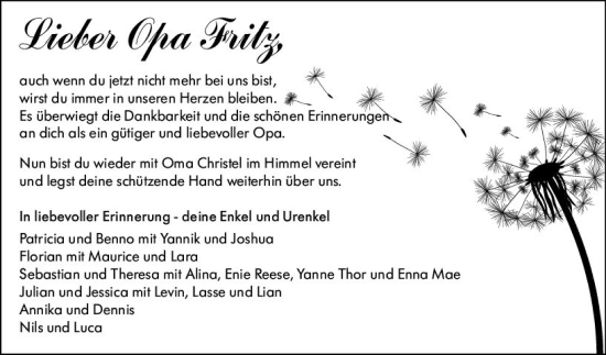 Traueranzeige von Opa Fritz  von Hinterländer Anzeiger