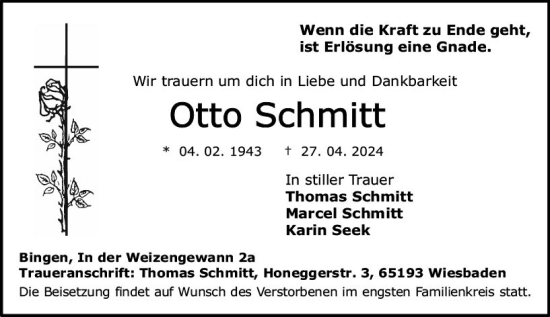Traueranzeige von Otto Schmitt von Allgemeine Zeitung Bingen/Ingelheim