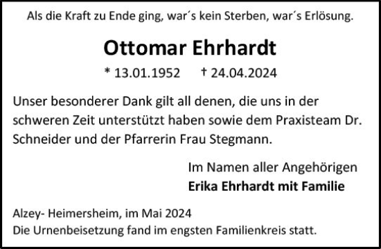 Traueranzeige von Ottomar Ehrhardt von Allgemeine Zeitung Alzey