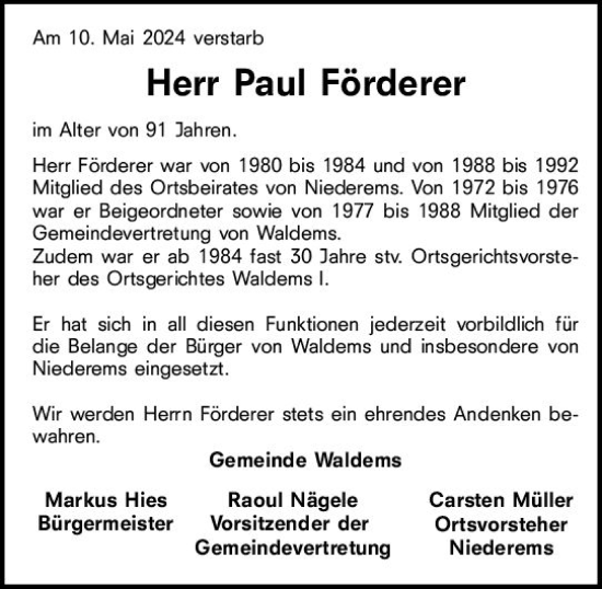 Traueranzeige von Paul Förderer von Idsteiner Land/Untertaunus