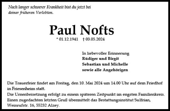 Traueranzeige von Paul Nofts von Allgemeine Zeitung Mainz