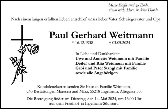 Traueranzeige von Paul Gerhard Weitmann von Allgemeine Zeitung Bingen/Ingelheim
