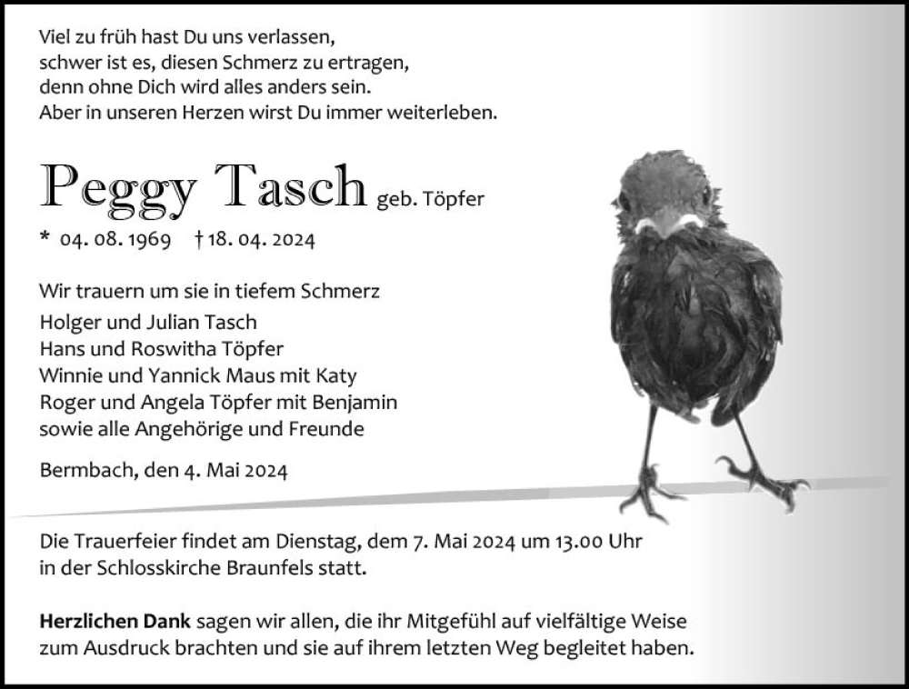  Traueranzeige für Peggy Tasch vom 04.05.2024 aus Wetzlarer Neue Zeitung