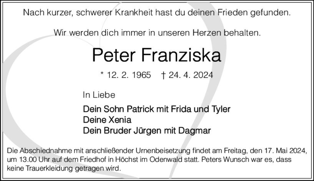  Traueranzeige für Peter Franziska vom 04.05.2024 aus Odenwälder Echo
