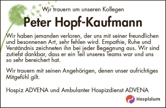 Traueranzeige von Peter Hopf-Kaufmann von Wiesbadener Kurier