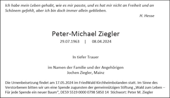Traueranzeige von Peter-Michael Ziegler von Allgemeine Zeitung Mainz