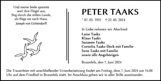 Traueranzeige von Peter Taaks von Wetzlarer Neue Zeitung