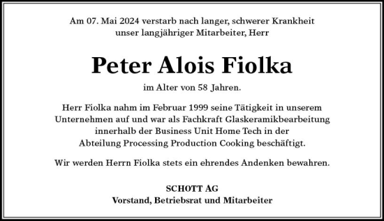 Traueranzeige von Peter Alois Fiolka von Allgemeine Zeitung Mainz