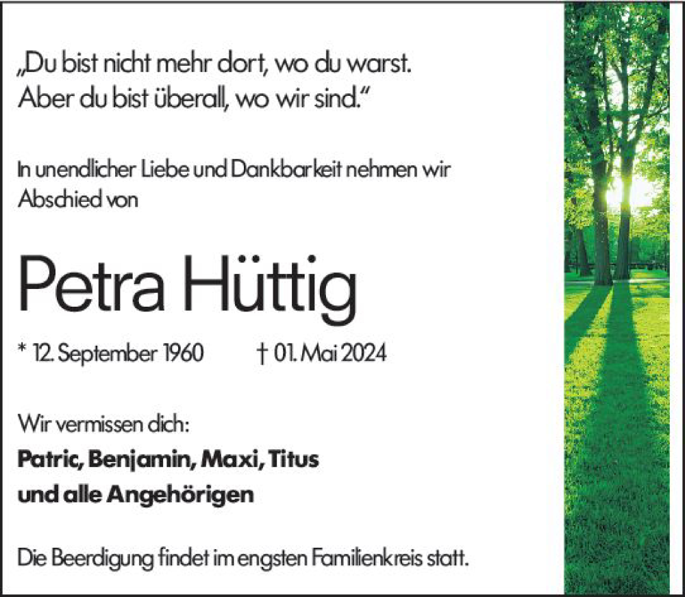  Traueranzeige für Petra Hüttig vom 06.05.2024 aus Weilburger Tageblatt