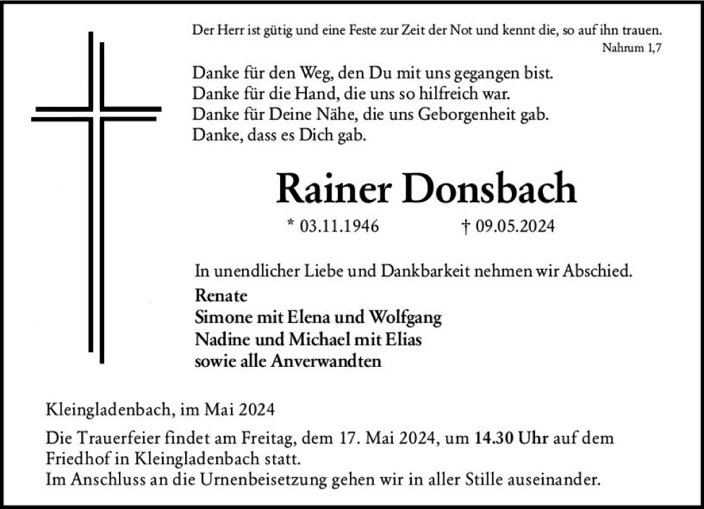  Traueranzeige für Rainer Donsbach vom 14.05.2024 aus Hinterländer Anzeiger
