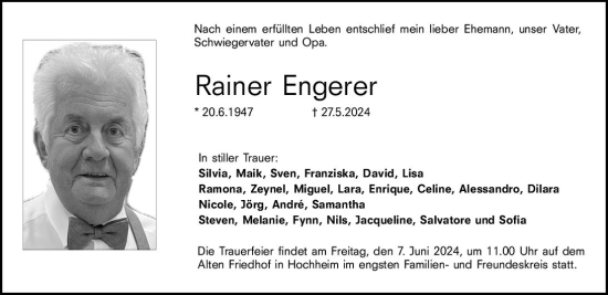 Traueranzeige von Rainer Engerer von Hochheimer Zeitung