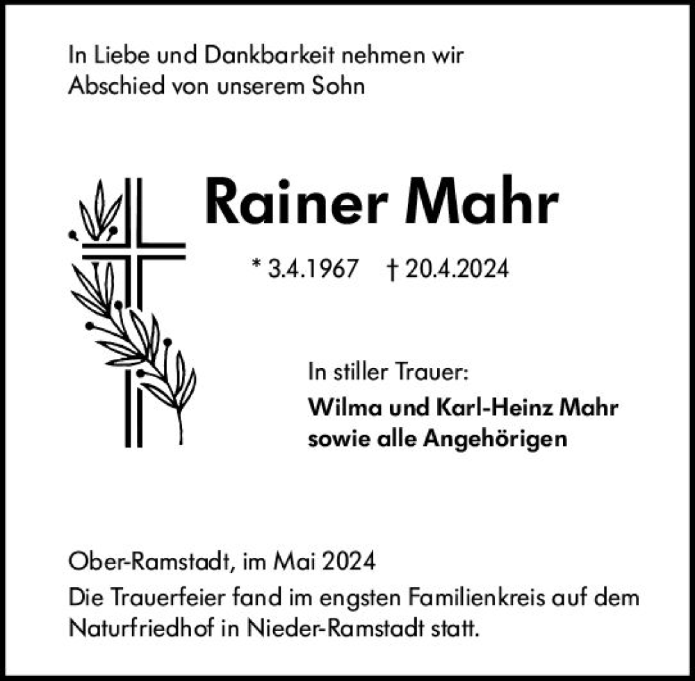  Traueranzeige für Rainer Mahr vom 04.05.2024 aus Darmstädter Echo