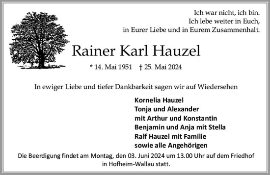 Traueranzeige von Rainer Karl Hauzel von Wiesbadener Kurier