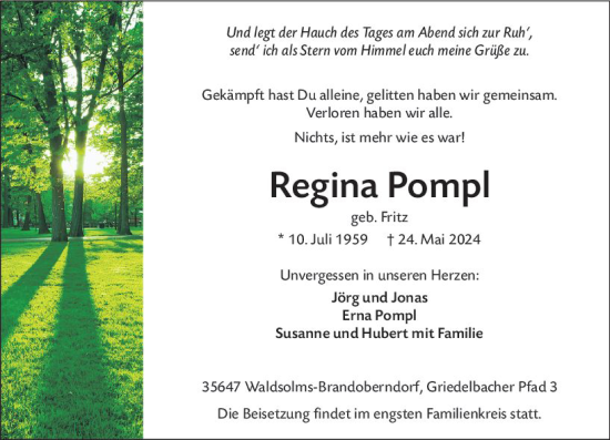 Traueranzeige von Regina Pompl von Wetzlarer Neue Zeitung